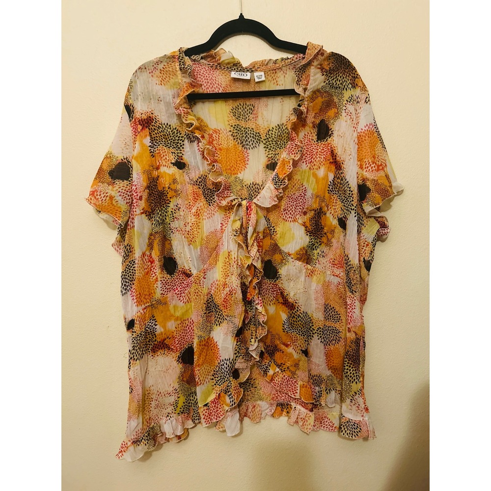Cato Blouse Women 22/24W Yellow Orange Excellent Ruffle Sheer Floral Tie Front